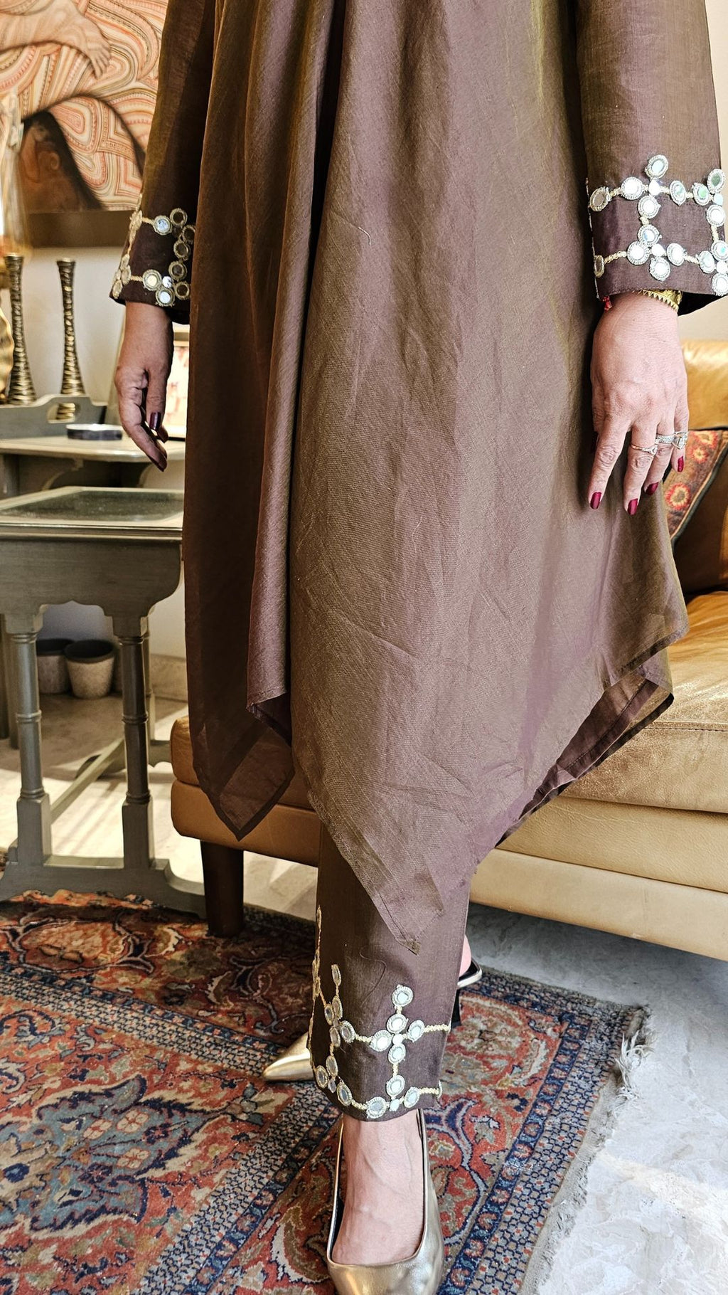 Brown Linen Shirt and Pants With a Mirror Work Cape