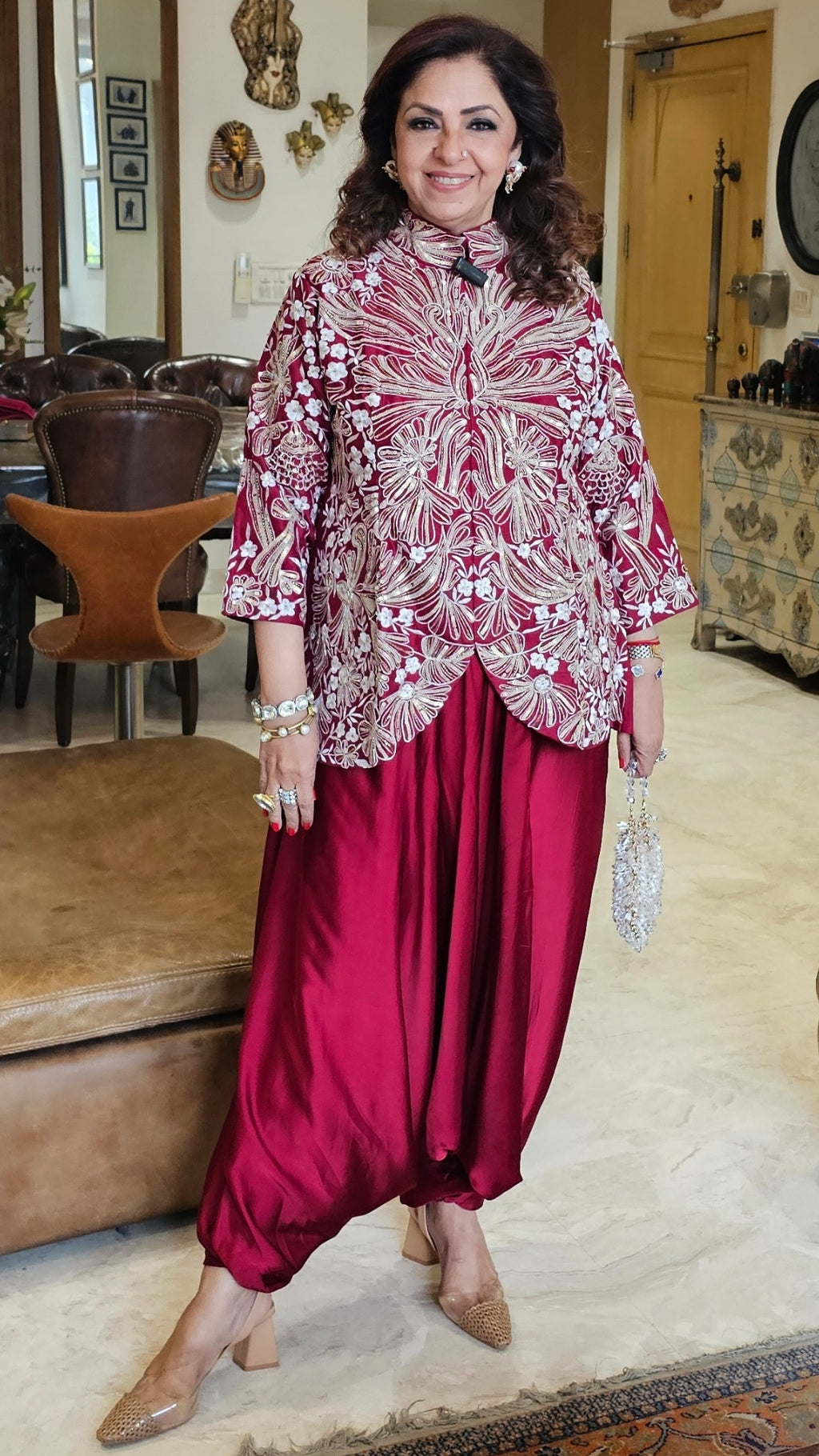 Adorable Silk & Satin Machine and Hand Embroidered Top With Satin Drop Crotch Pants