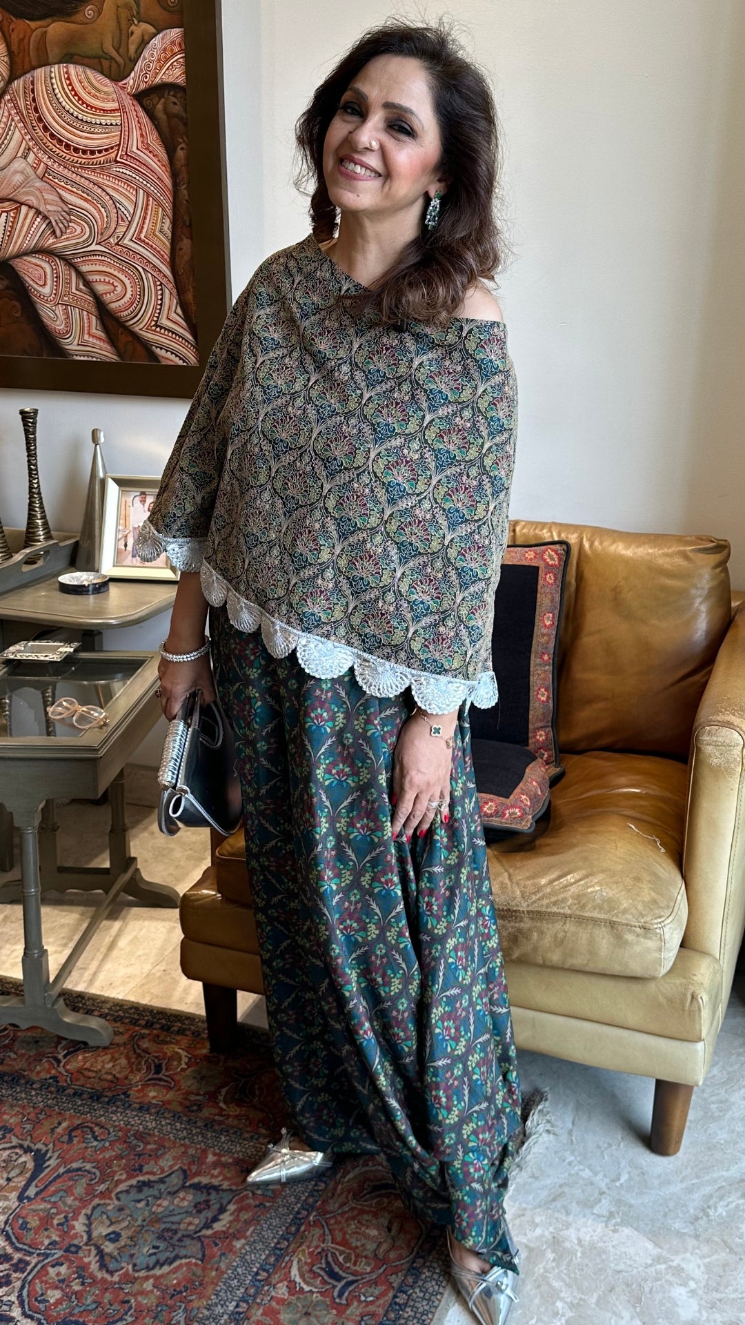 Silver Silk Top With Print Drape Bottom With Embroidered Work
