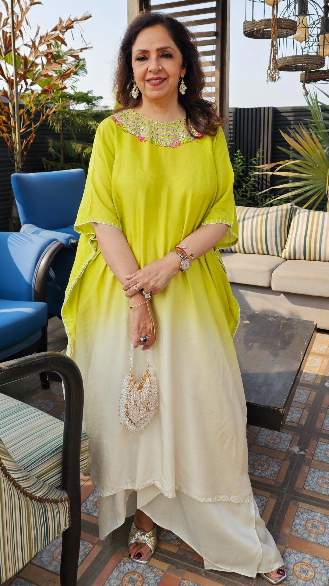 Stunning Blended Raw Silk Ombre Dyed Hand Embroidered Kaftan Style Outfit With Drape Skirt