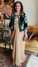 Beautiful Emerald Green 3 Piece Formal Outfit in Tissue Drape Skirt and Tissue Bustier With A Short Velvet Jacket Complete With Hand Embroidery