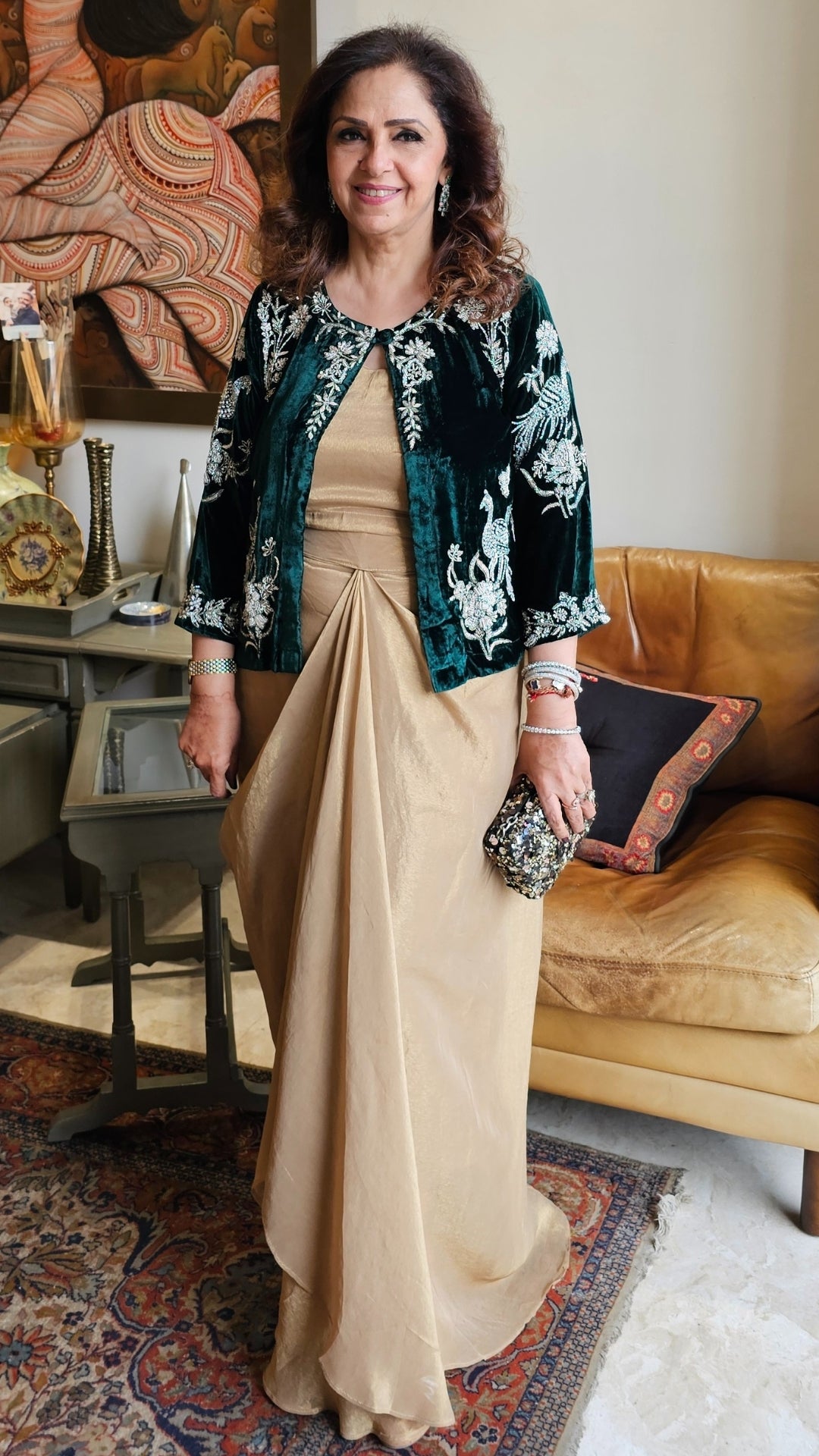 Beautiful Emerald Green 3 Piece Formal Outfit in Tissue Drape Skirt and Tissue Bustier With A Short Velvet Jacket Complete With Hand Embroidery