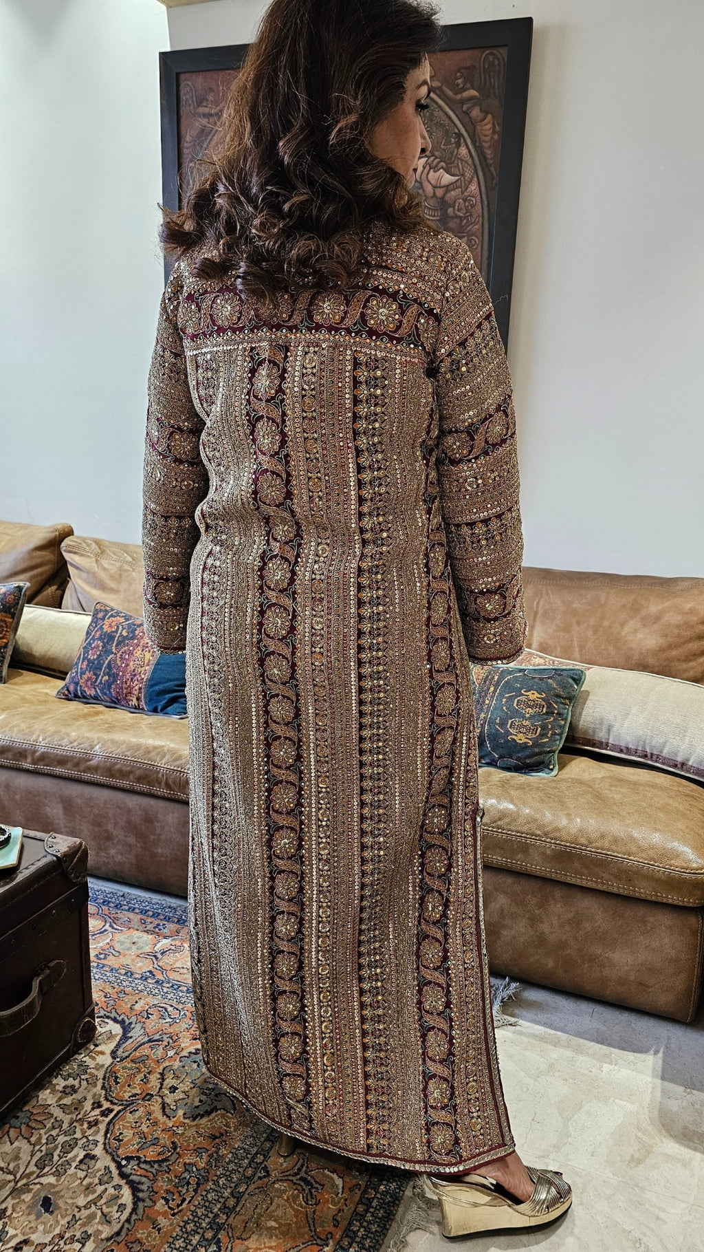 Elegant Crepe Silk One Piece Dress with Artisanal Mirror Embroidery