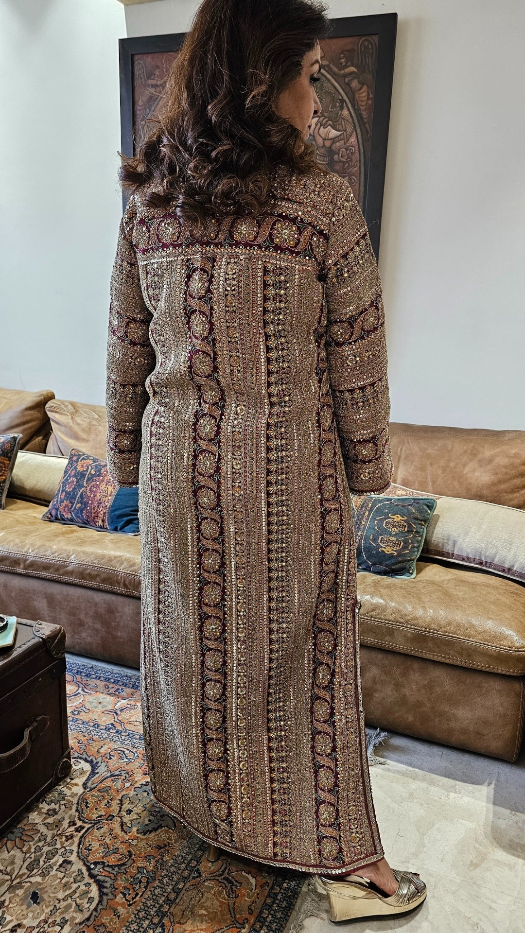 Elegant Crepe Silk One Piece Dress with Artisanal Mirror Embroidery