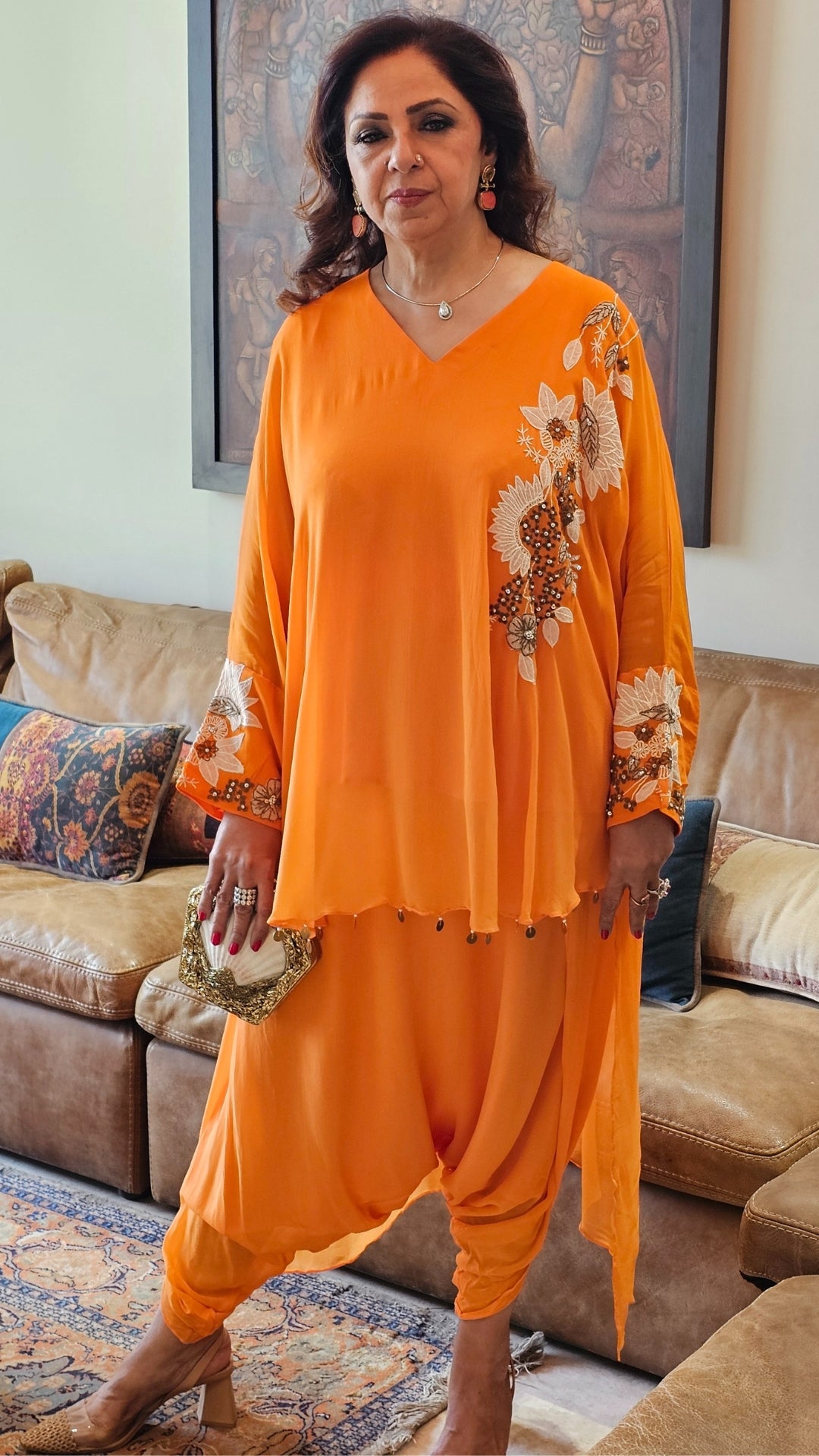 Beautiful Floral Patch Work With Hand Embroidery A Symmetric Kurta & Drop Crotch Pants