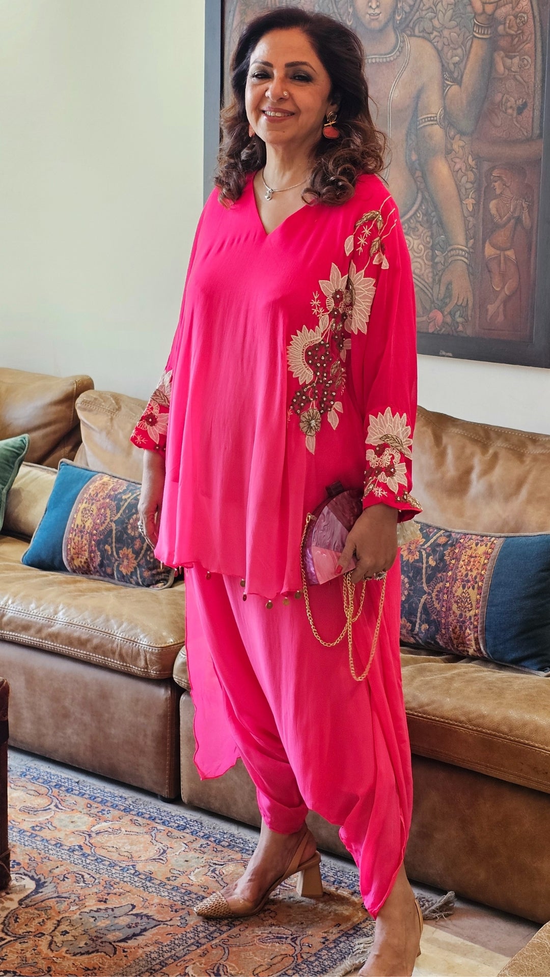 Beautiful Floral Patch Work With Hand Embroidery A Symmetric Kurta & Drop Crotch Pants