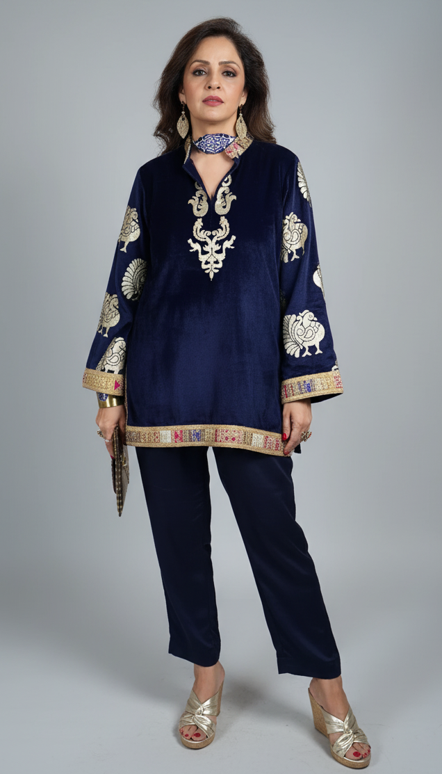 Navy Blue Velvet Top and Bottom With Embroidery and Matte Gold Embossed Print