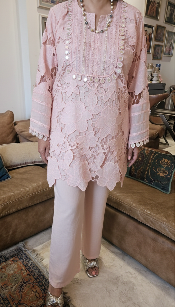 Beautiful Muslin Lace Co-ord set  trimmed with mirror & Pearl Work