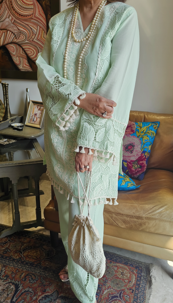 Adorable Mul Mul Co-ord set Trimmed with Stunning Lace Work