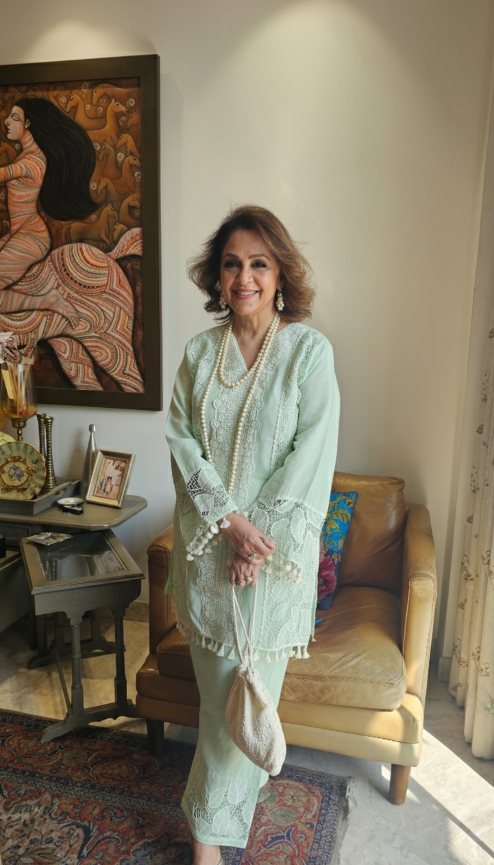 Adorable Mul Mul Co-ord set Trimmed with Stunning Lace Work