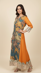 Orange Chanderi Silk Kurta With Pure Hand Painted Kalamkari and Hand Embroidered with Tonal Dupatta