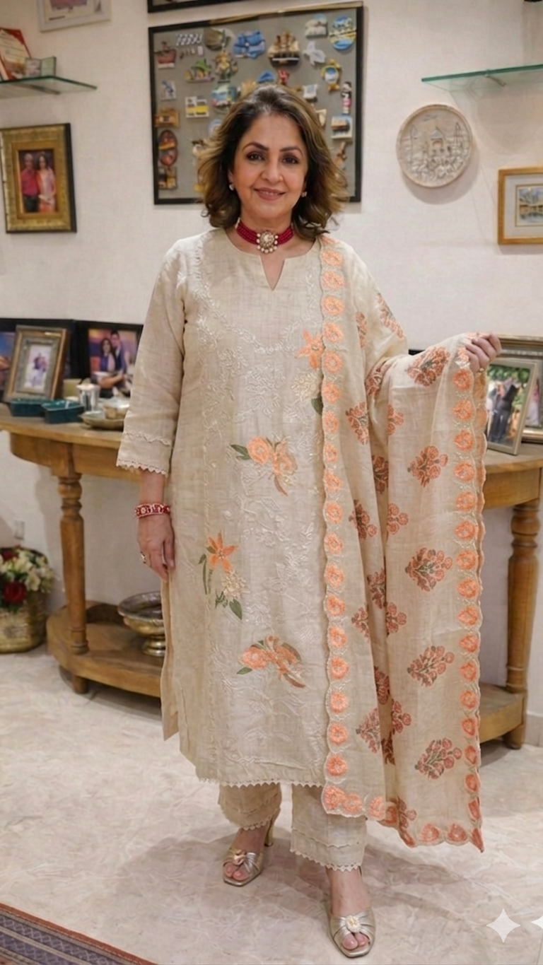 Stunning 3 piece Set with Silk Chanderi top And Santoon Bottom with Floral thread work