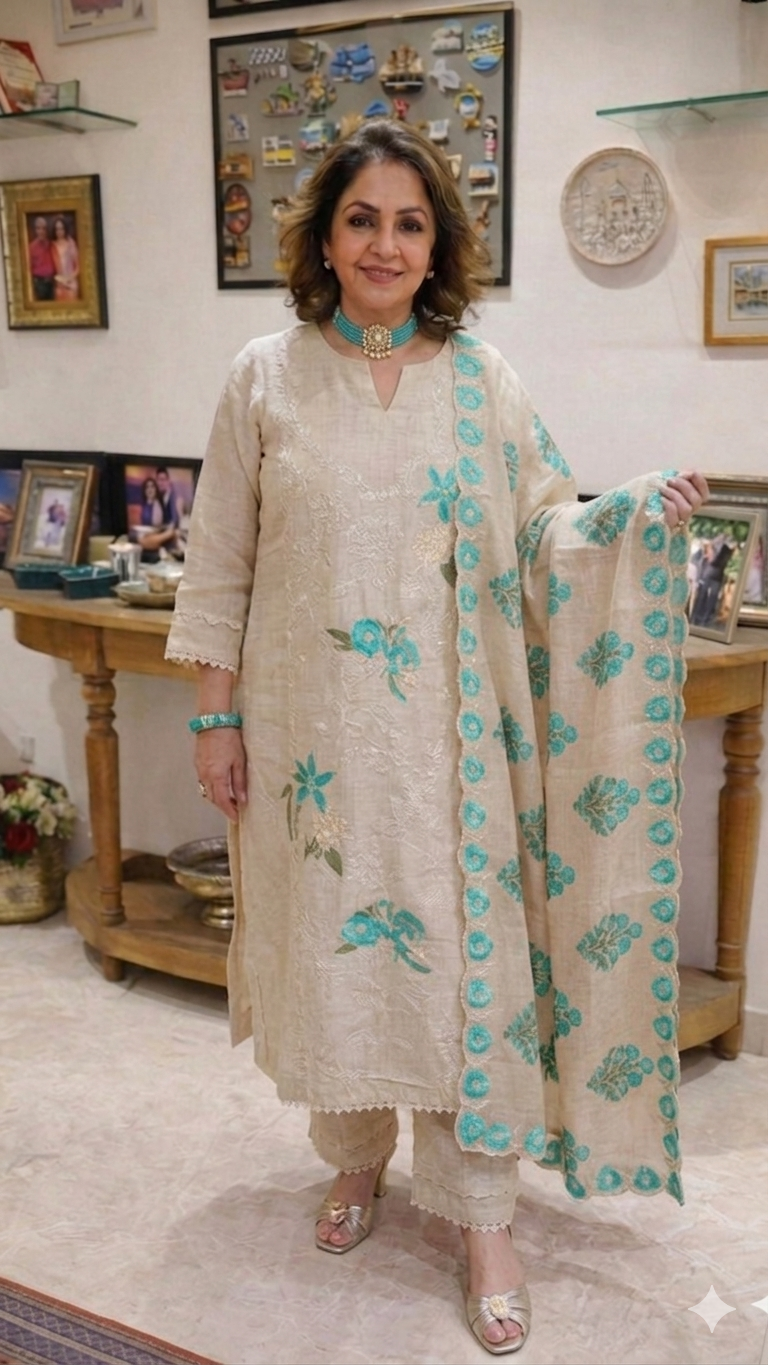 Stunning 3 piece Set with Silk Chanderi top And Santoon Bottom with Floral thread work