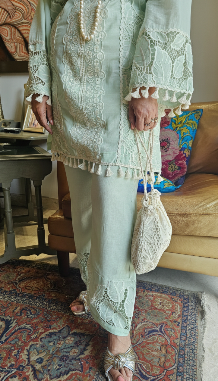 Adorable Mul Mul Co-ord set Trimmed with Stunning Lace Work