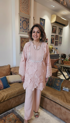 Beautiful Muslin Lace Co-ord set  trimmed with mirror & Pearl Work 