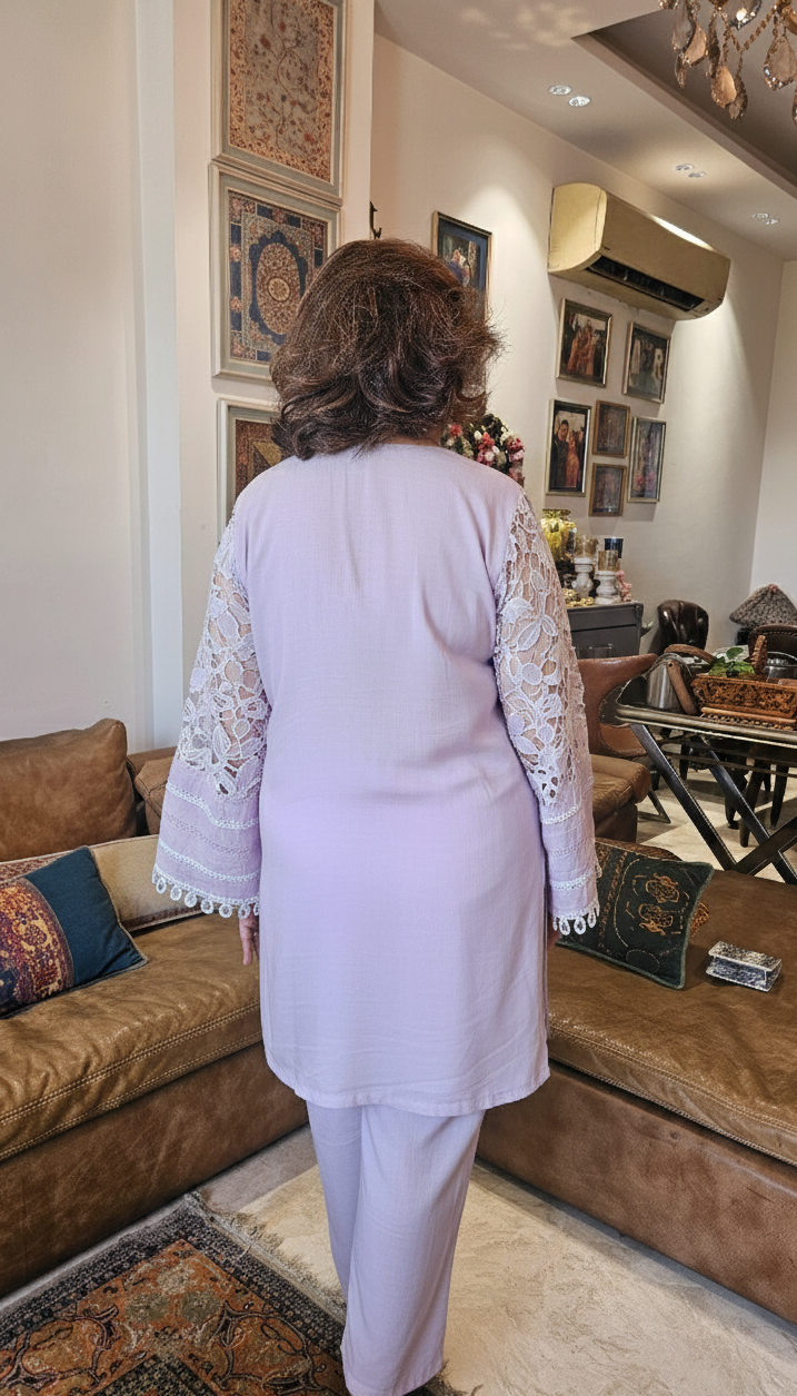 Beautiful Muslin Lace Co-ord set  trimmed with mirror & Pearl Work