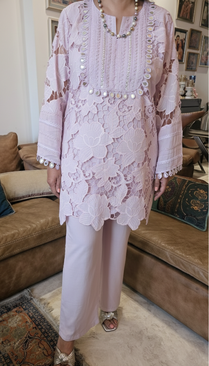 Beautiful Muslin Lace Co-ord set  trimmed with mirror & Pearl Work