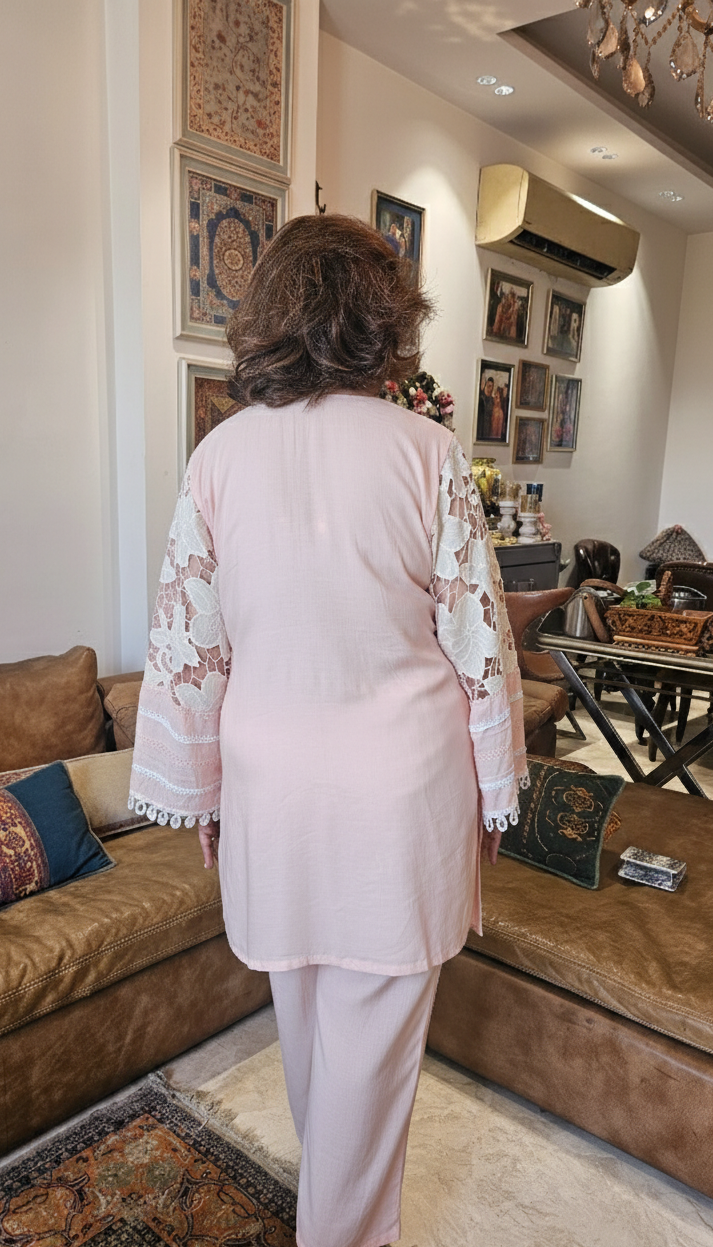 Beautiful Muslin Lace Co-ord set  trimmed with mirror & Pearl Work