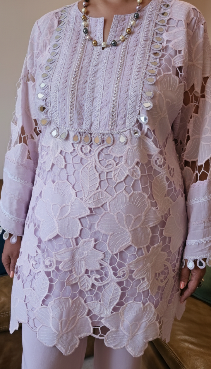 Beautiful Muslin Lace Co-ord set  trimmed with mirror & Pearl Work