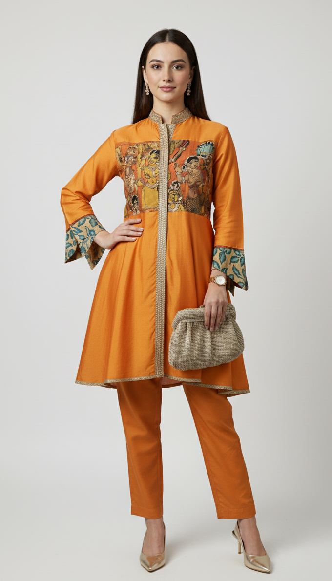 Orange Silk Chanderi Co-ord Set With Pure Hand Painted Kalamkari and Embroidered Work