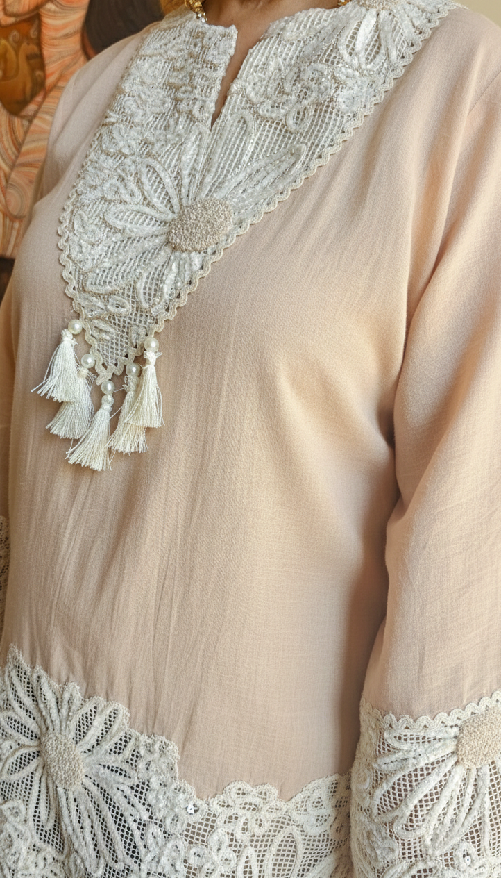 Gorgeous Mul Mul Co-ord set trimmed intricate Lace & Embellished with some hand embroidery