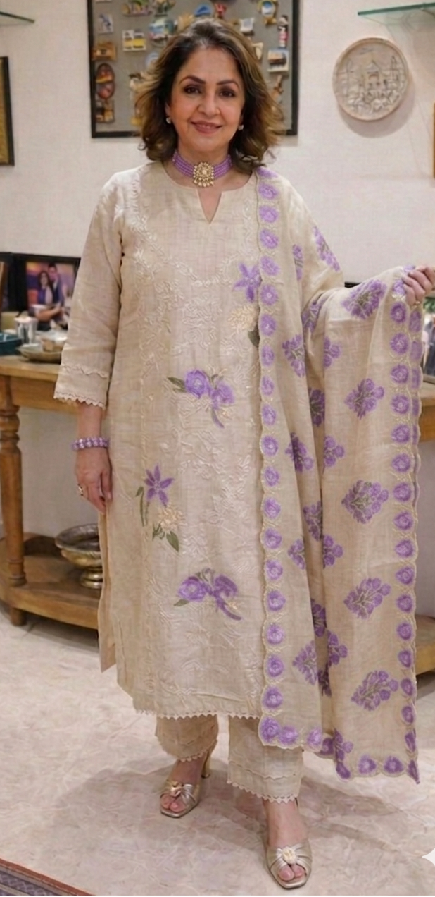 Stunning 3 piece Set with Silk Chanderi top And Santoon Bottom with Floral thread work