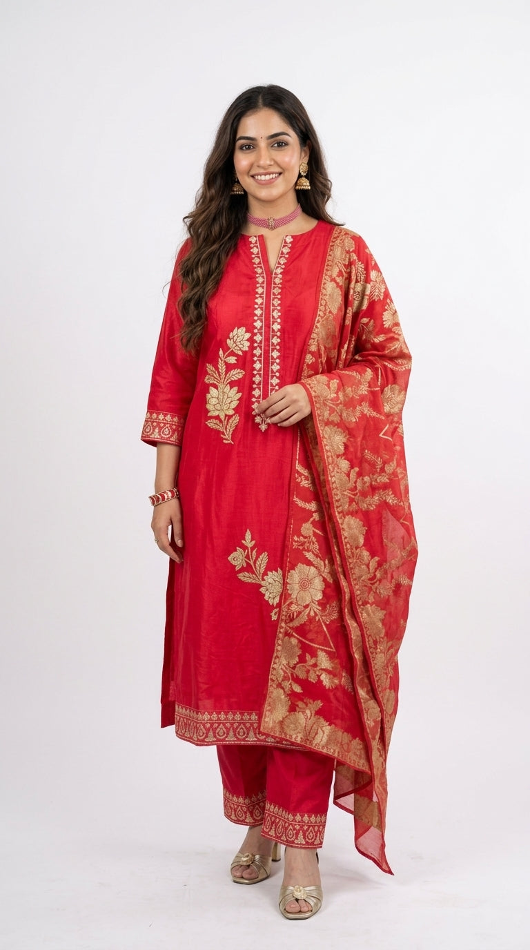 Beautiful Crepe Silk With leather Patch work Top with Upara silk Bottom & Banarasi Georgette Dupatta