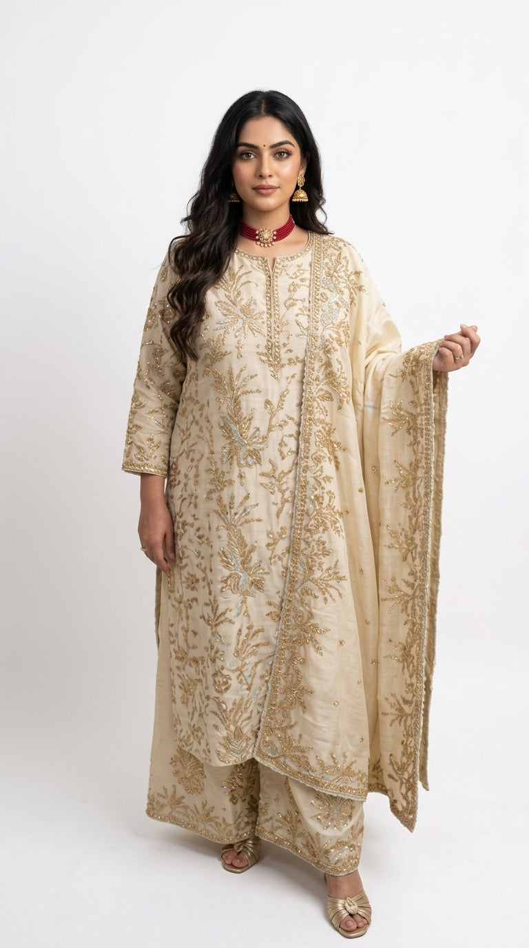 Showstopper Mul 3 piece set with Gold Zari & hand work