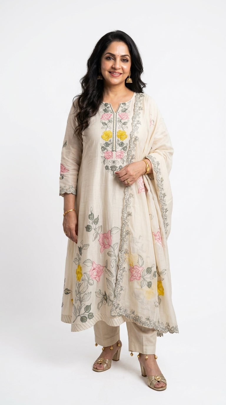 Stunning Mul Chanderi top & Dupatta with Rayon Bottom trimmed with Floral Thread work