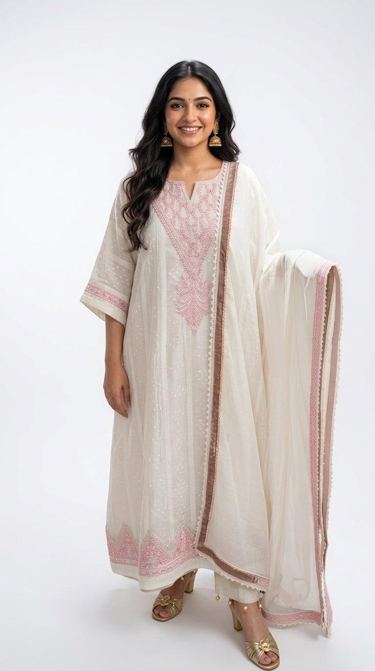 Beautiful mul chanderi top and dupatta with santoon bottom embellished with thread work