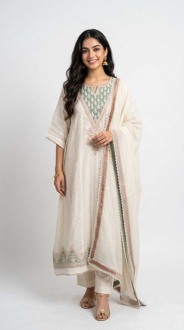 Beautiful mul chanderi top and dupatta with santoon bottom embellished with thread work