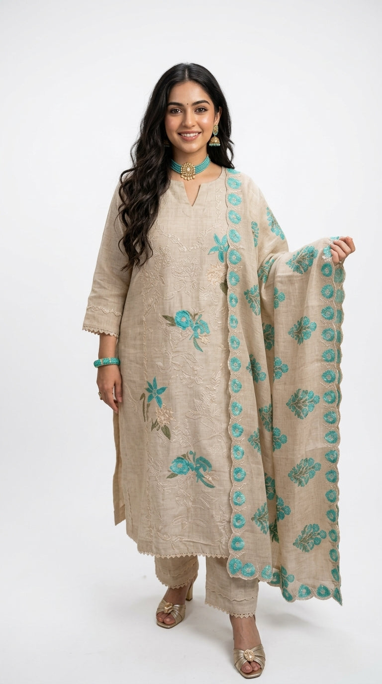 Stunning 3 piece Set with Silk Chanderi top And Santoon Bottom with Floral thread work