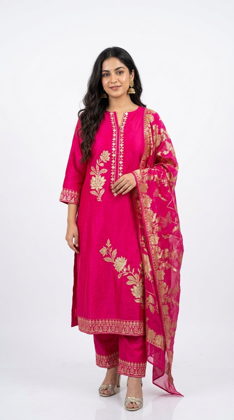 Beautiful Crepe Silk With leather Patch work Top with Upara silk Bottom & Banarasi Georgette Dupatta