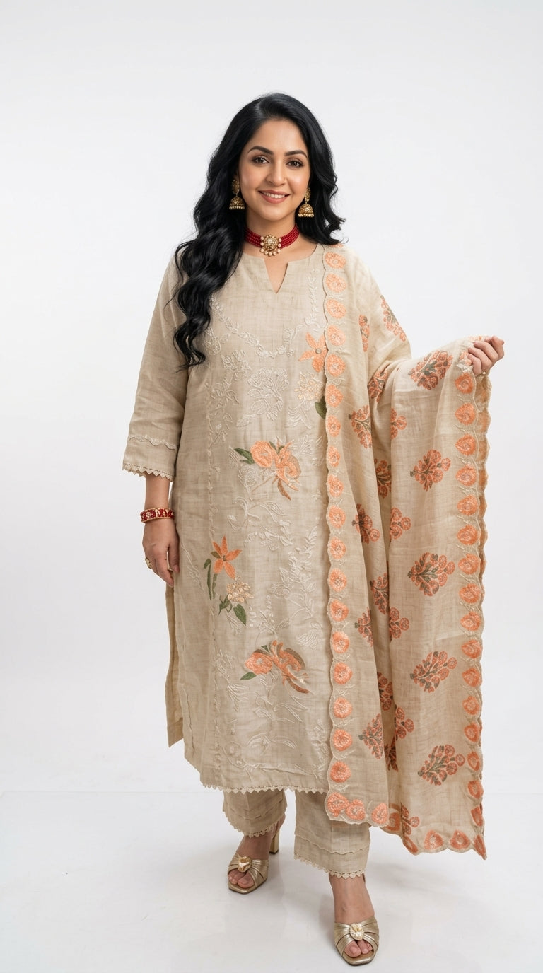 Stunning 3 piece Set with Silk Chanderi top And Santoon Bottom with Floral thread work