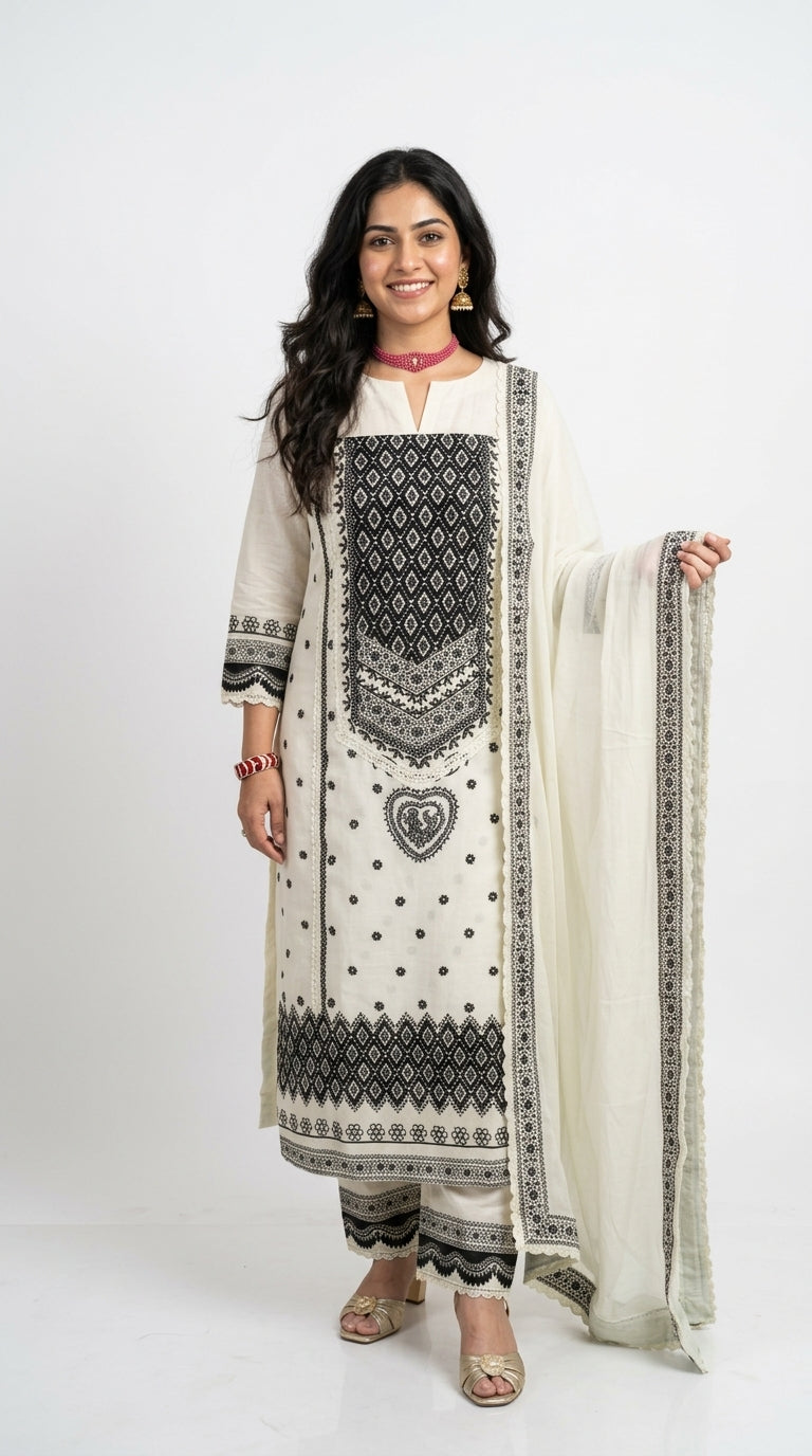 Soft & Comfortable Muslin Digital Print with Lace & Hand Embroidery with Pure Chiffon Dupatta