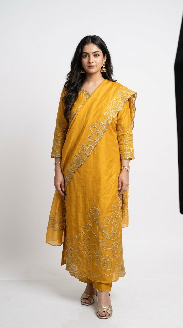 Wispy Silk Chanderi with leather Patch Work Embroidery