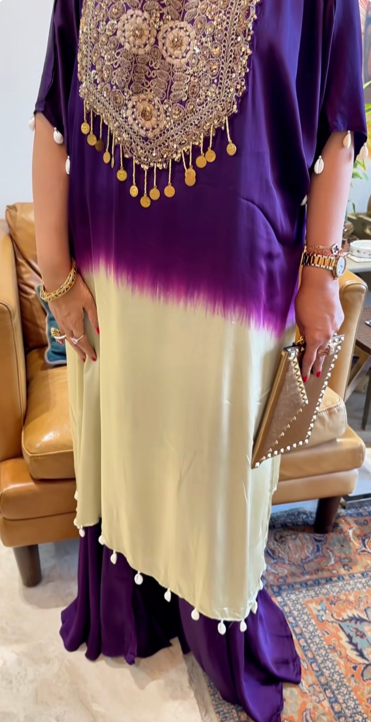 Purple and Beige Satin Shirt in Tie n Dye Yoke and Solid Color Bottom Embellished With Hand Embroidery Elaborate Neck