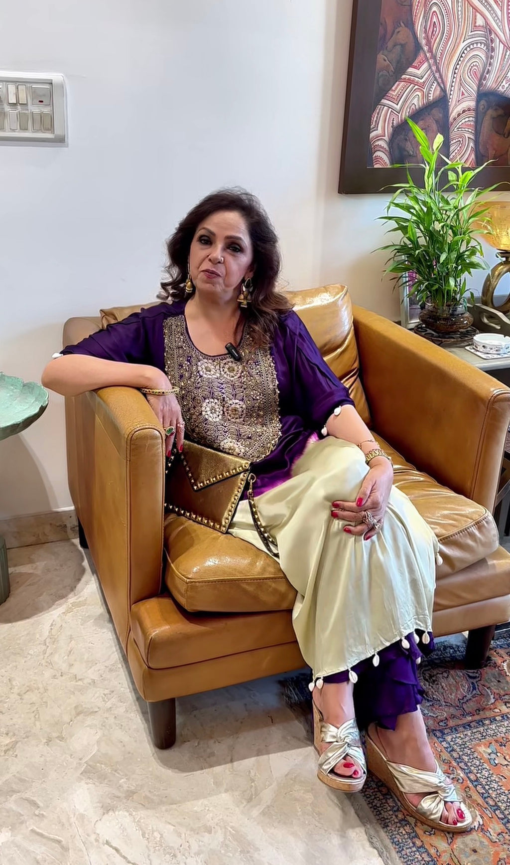 Purple and Beige Satin Shirt in Tie n Dye Yoke and Solid Color Bottom Embellished With Hand Embroidery Elaborate Neck