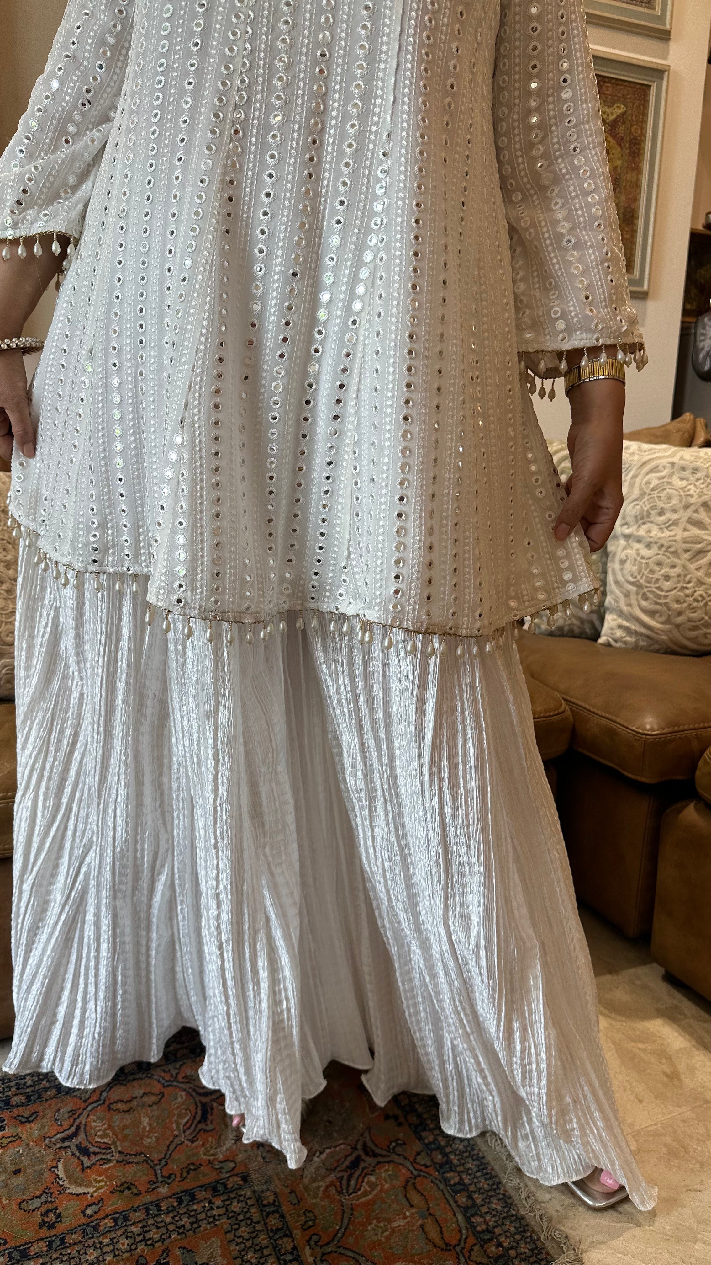 Mirror Work Georgette Kurta with Crushed Silk Sharara & Organza Dupatta