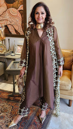 Brown Linen Shirt and Pants With a Mirror Work Cape