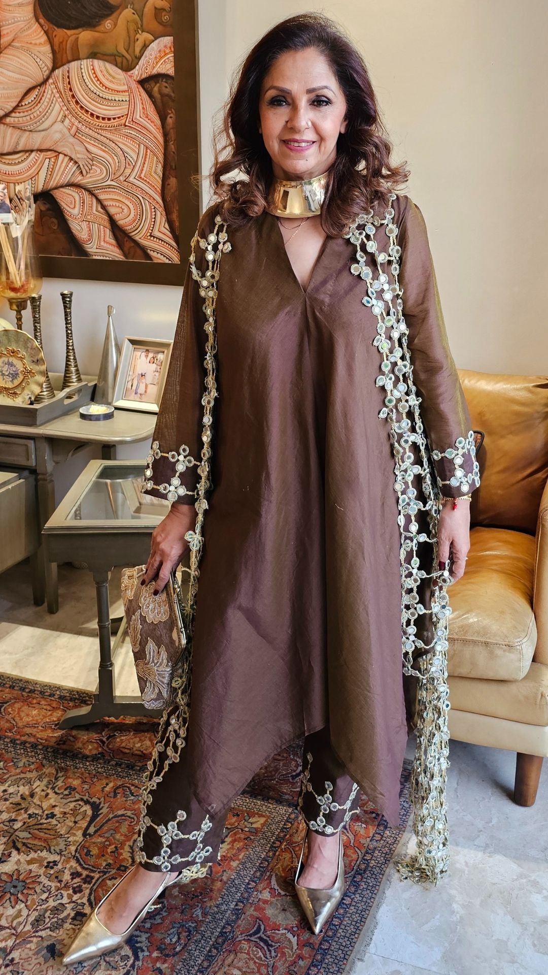 Brown Linen Shirt and Pants With a Mirror Work Cape