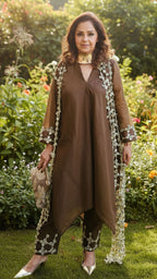 Brown Linen Shirt and Pants With a Mirror Work Cape