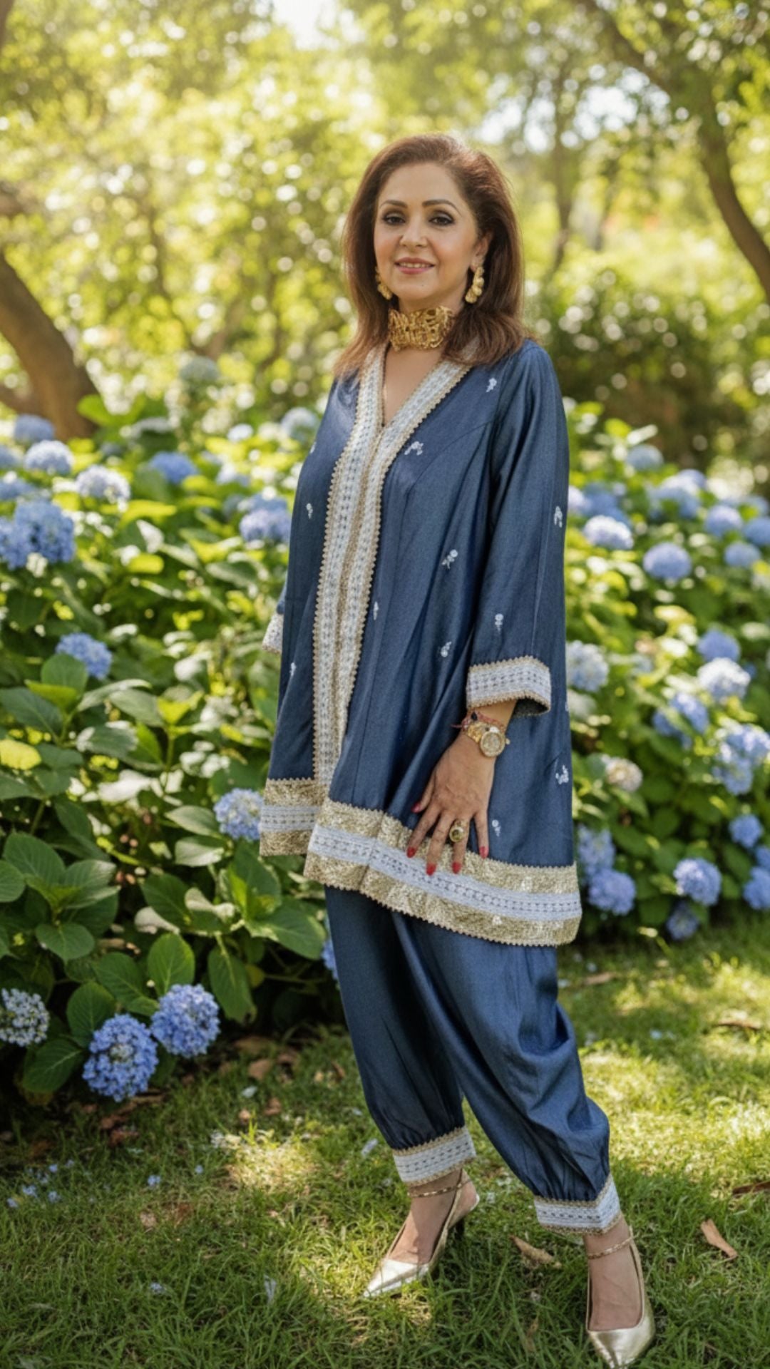 Embroidered Soft Denim Shirt With Plain Soft Denim Afghani Pants Embellished with Gota Kinari