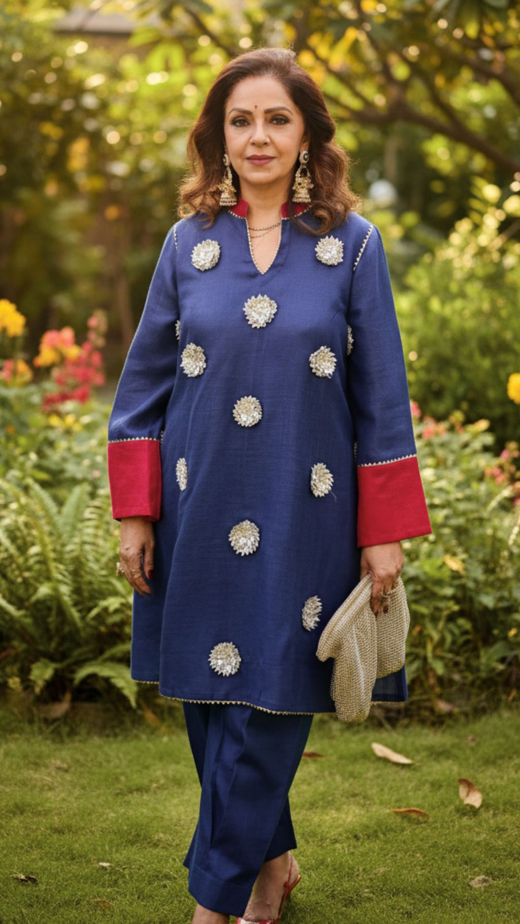 Navy Blue Linen Co-ord Set With Gota Flower Work