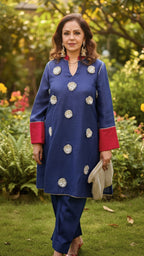 Navy Blue Linen Co-ord Set With Gota Flower Work