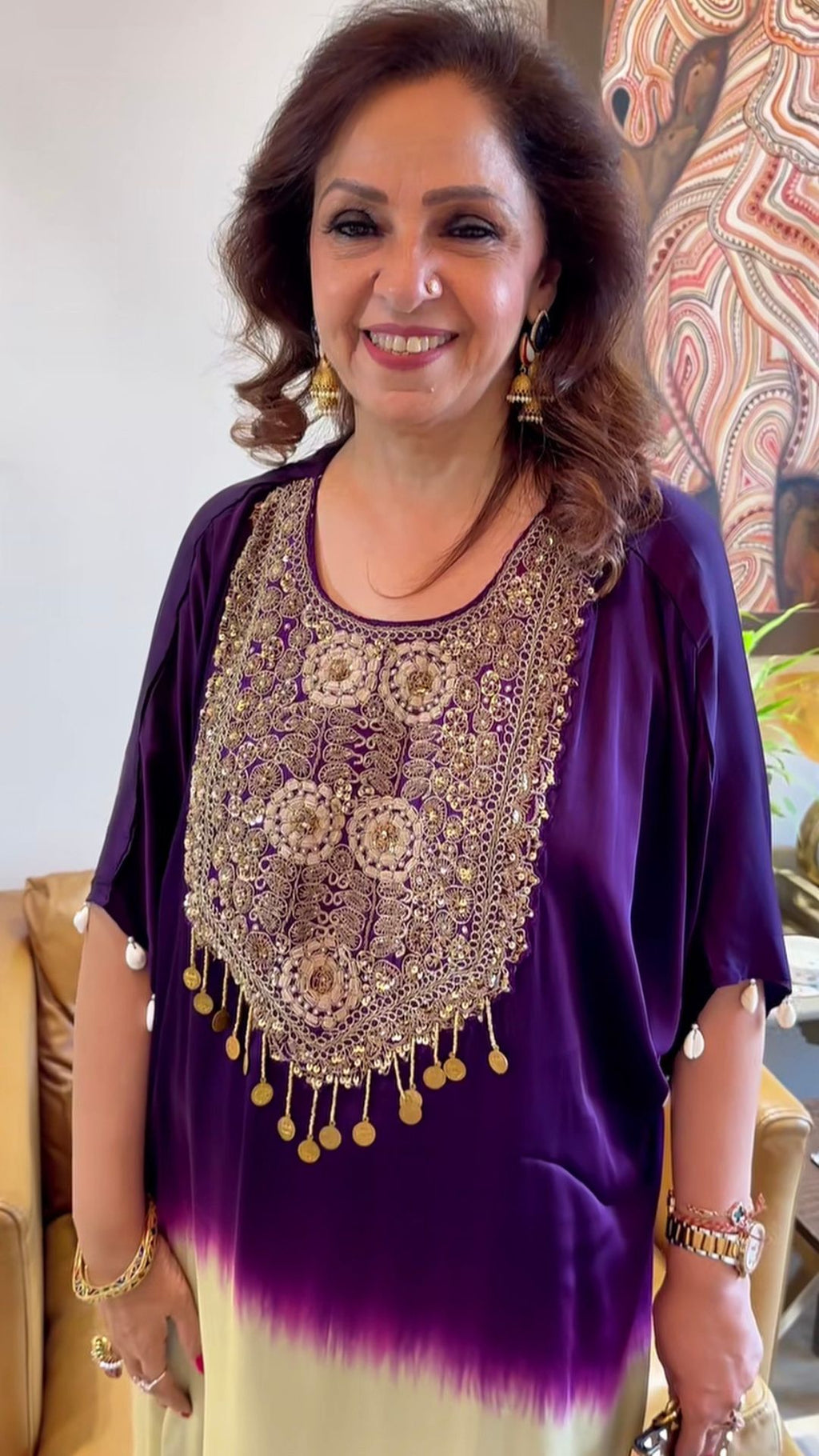 Purple and Beige Satin Shirt in Tie n Dye Yoke and Solid Color Bottom Embellished With Hand Embroidery Elaborate Neck