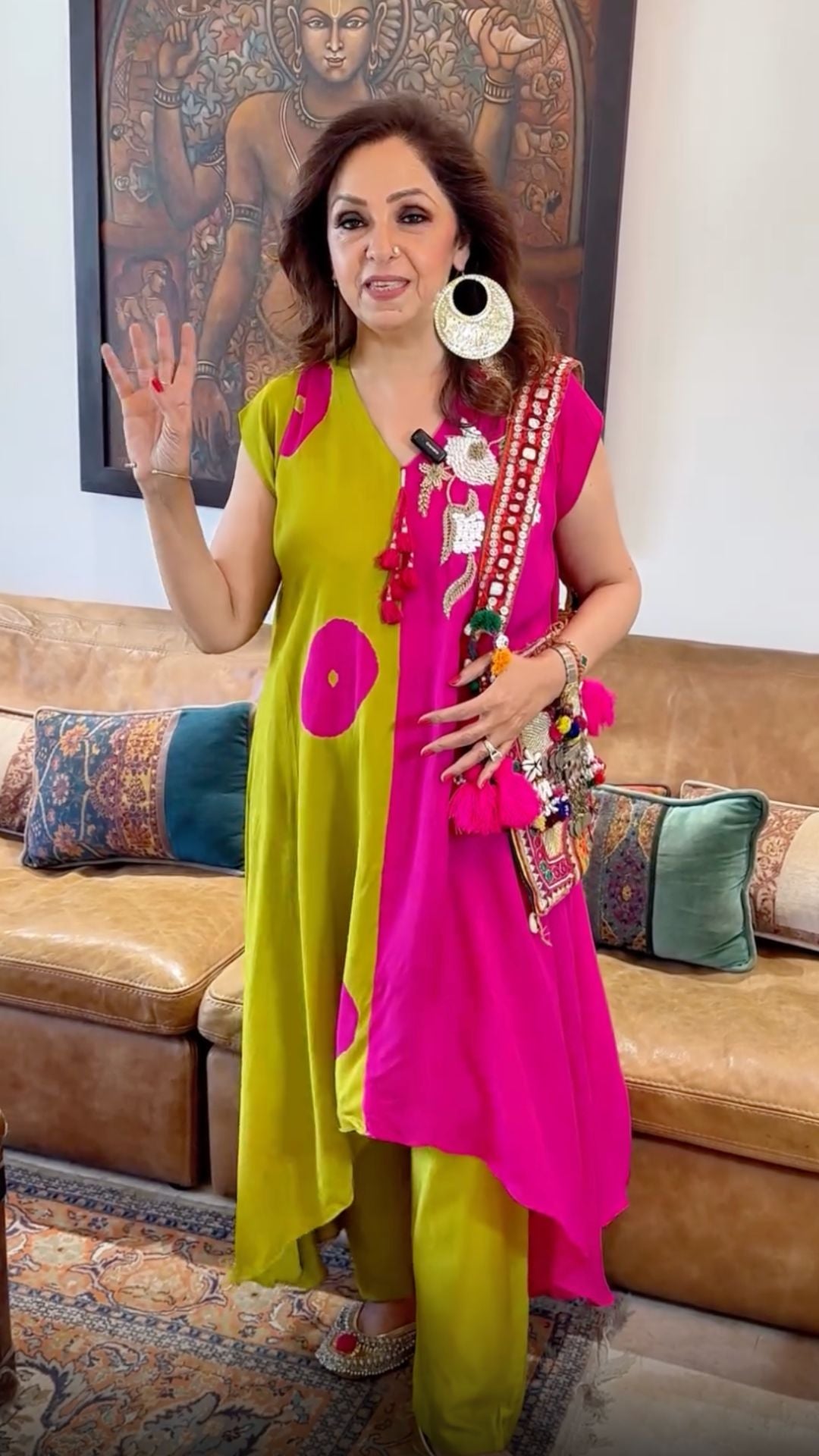 Mehendi Green and Fuchsia Crepe Silk Set Beautiful Blend of Tie and Dye With Hand Embroidery