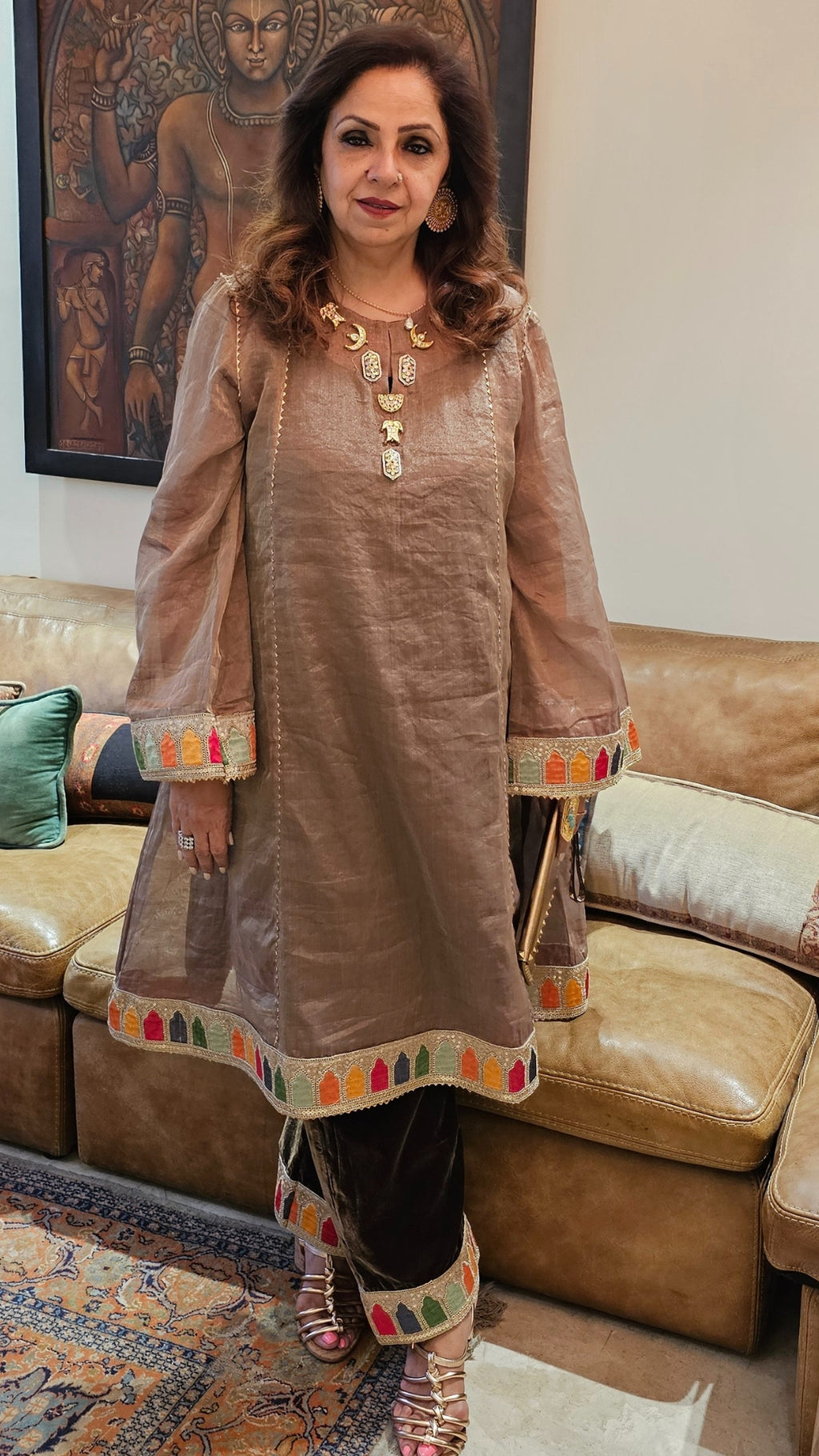 A 3 Piece Outfit in Velvet and Tissue Dressed With Jewelled Pieces and Embroidered Borders