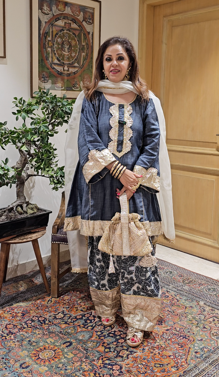 Dark Blue Denim Flowy Denim Shirt With Denim Farshi Salwar With Dupatta