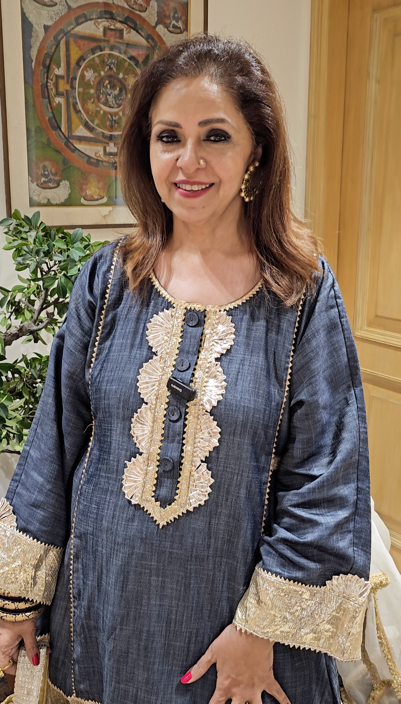 Dark Blue Denim Flowy Denim Shirt With Denim Farshi Salwar With Dupatta